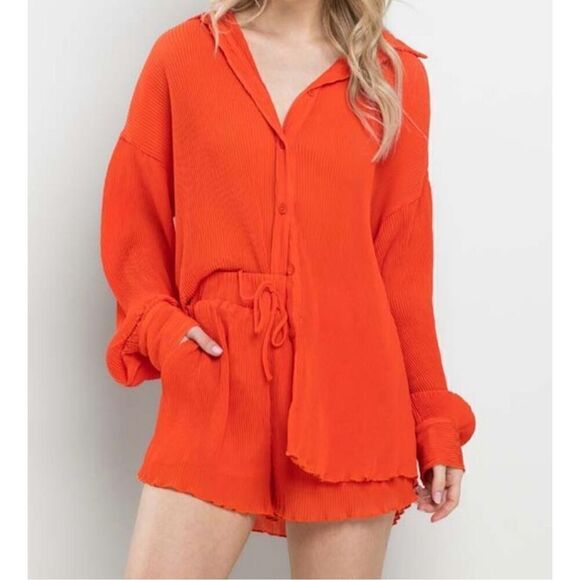 Orange Red Plisse Short set - Picture 1 of 8